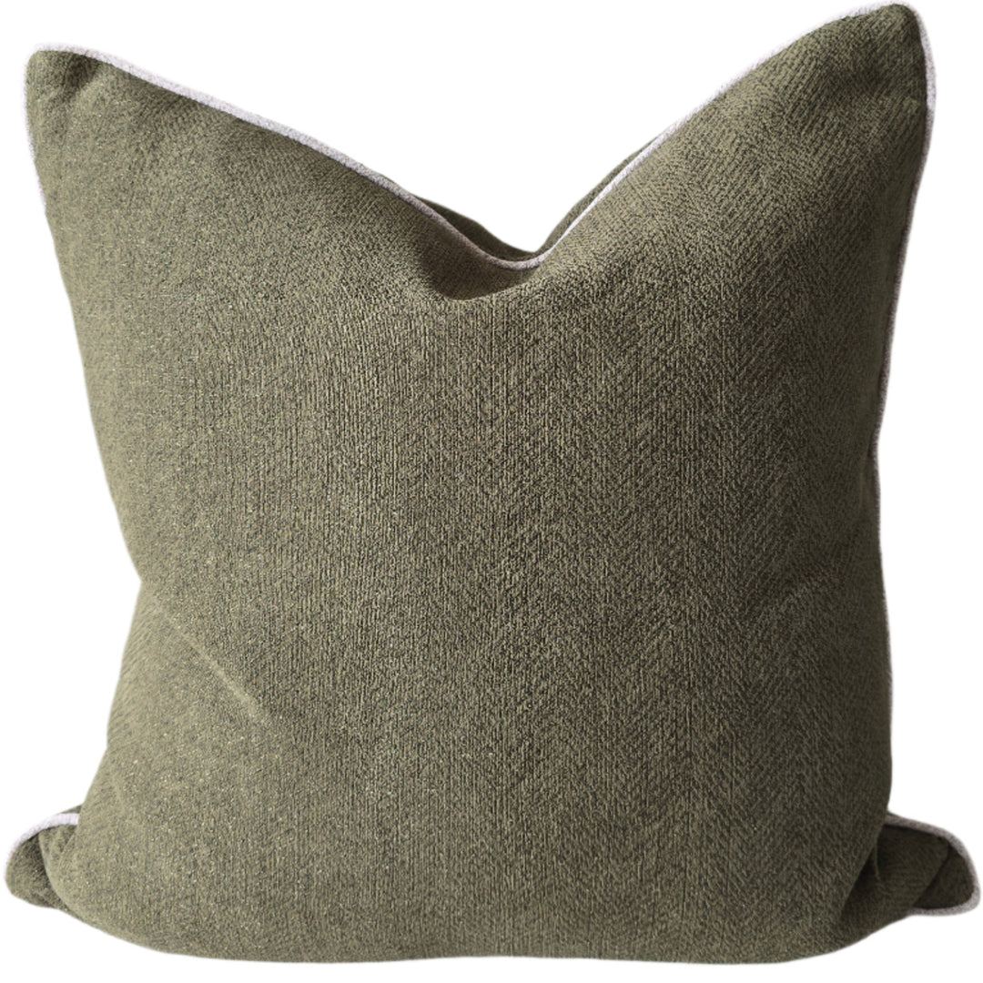 Brighton Linen Cushion - Moss Green with Natural Piping - Feather Fill - 55x55cm
