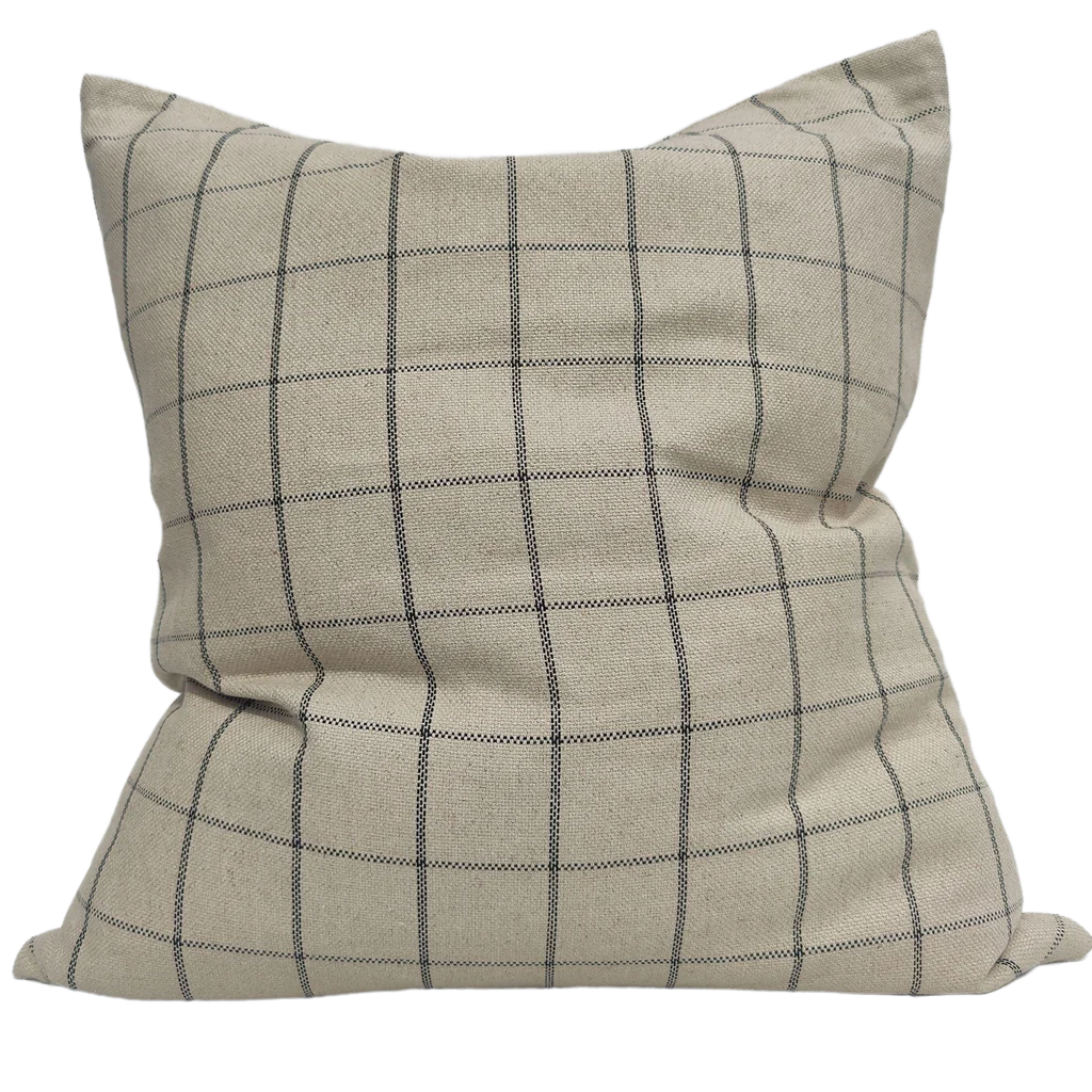 Connemara Plaid Linen Cotton Cushion - Black - Feather Fill - 55x55cm